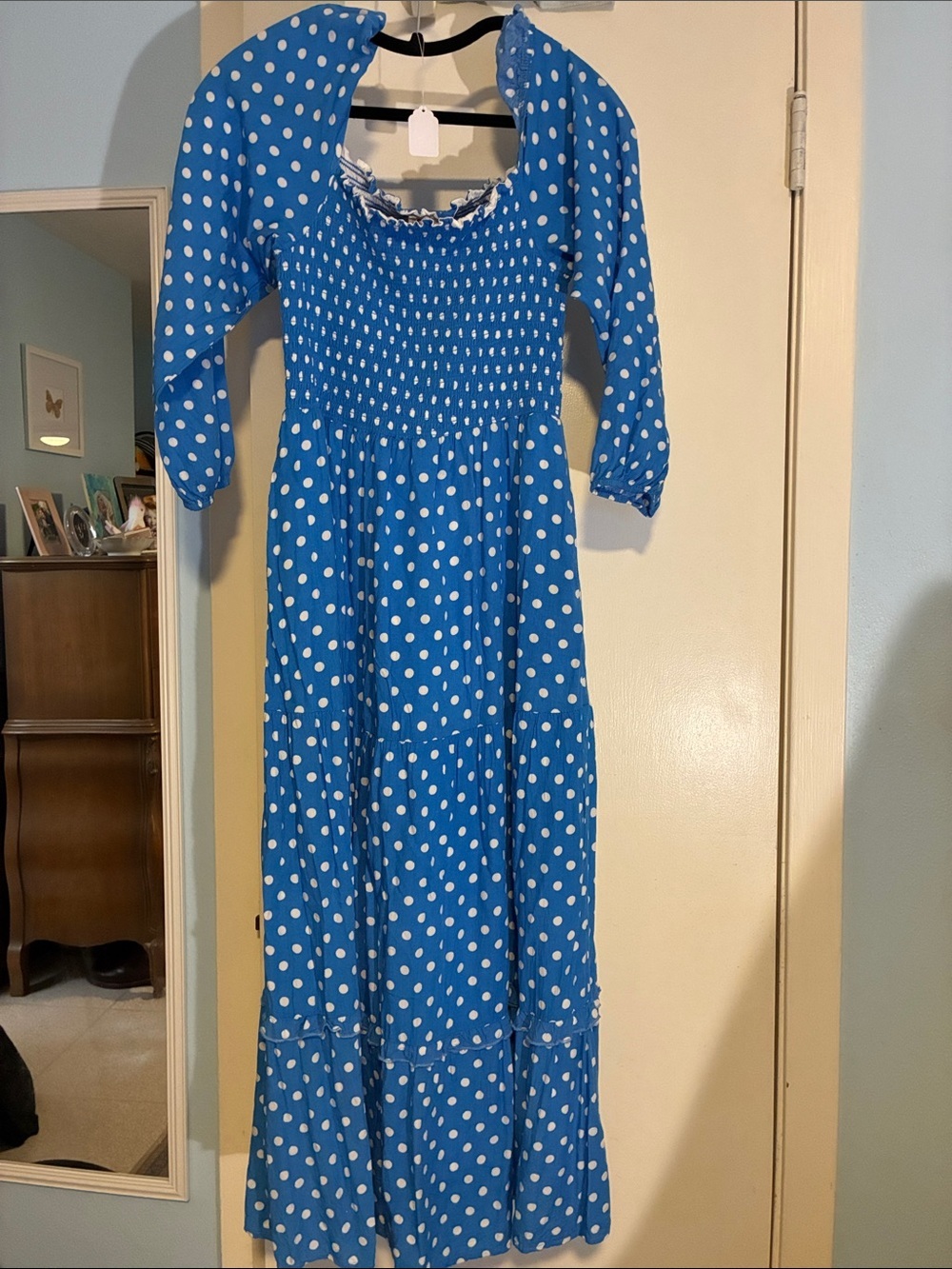 Blue Polka Dot Smocked Maxi Dress